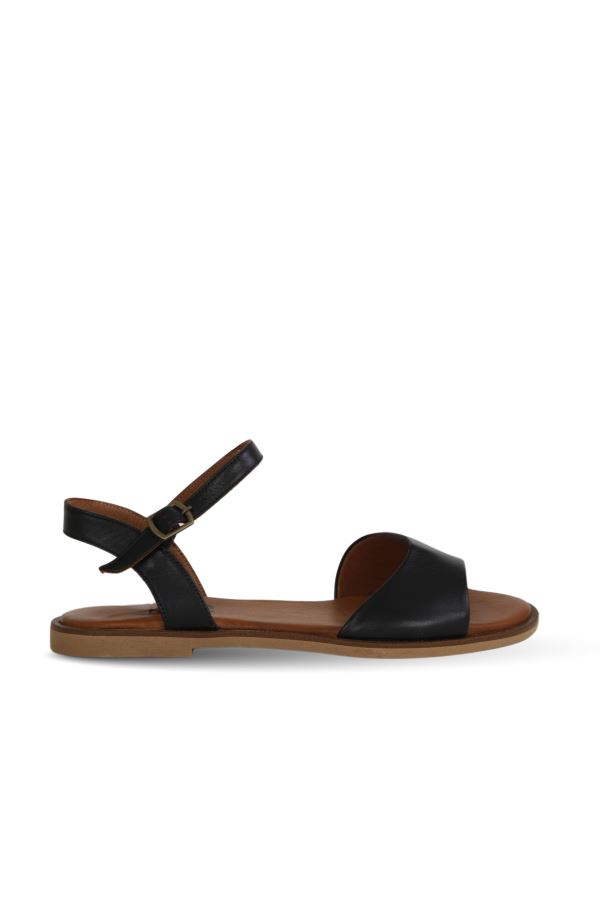 Siyah Khv-Bej Deri Kadın Düz Sandalet