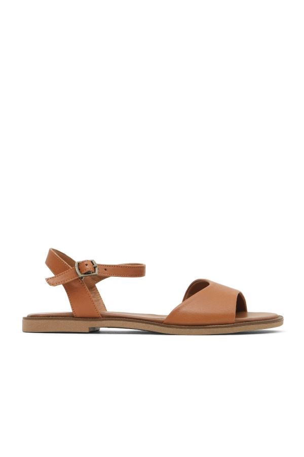 Taba Koyu Deri Kadın Düz Sandalet