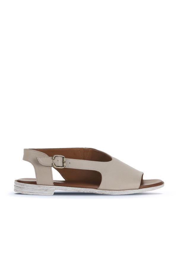 Gri Deri Kadın Düz Sandalet