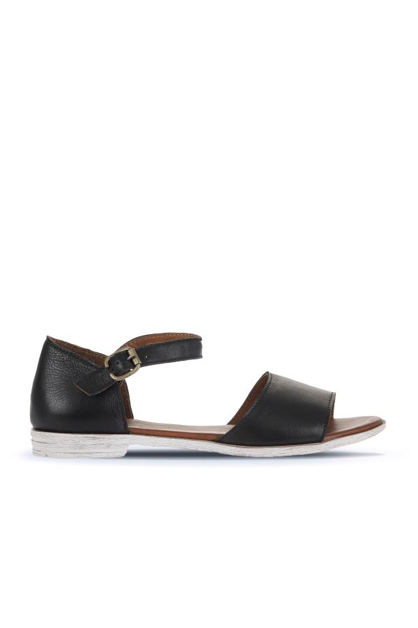 Siyah Deri Kadın Düz Sandalet