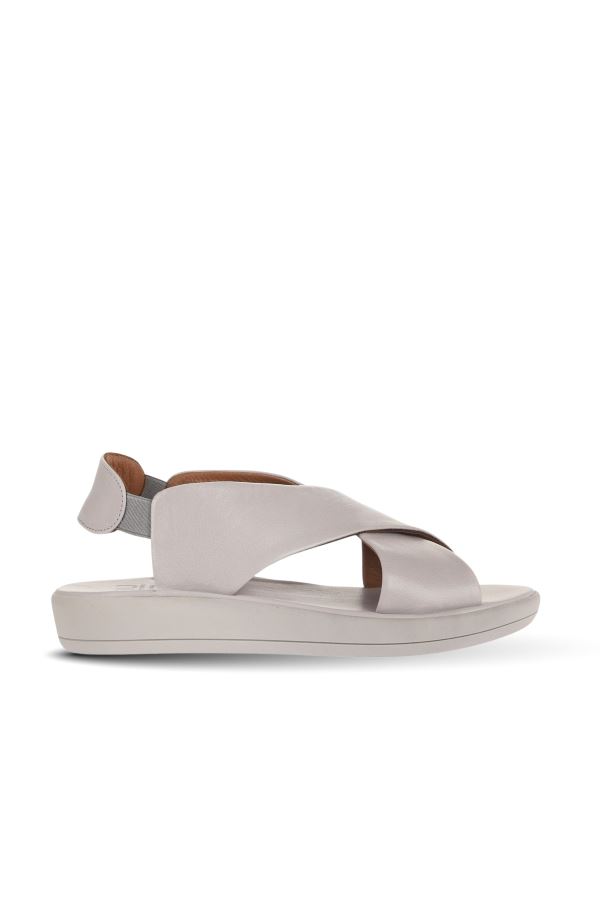 Gri Deri Kadın Düz Sandalet