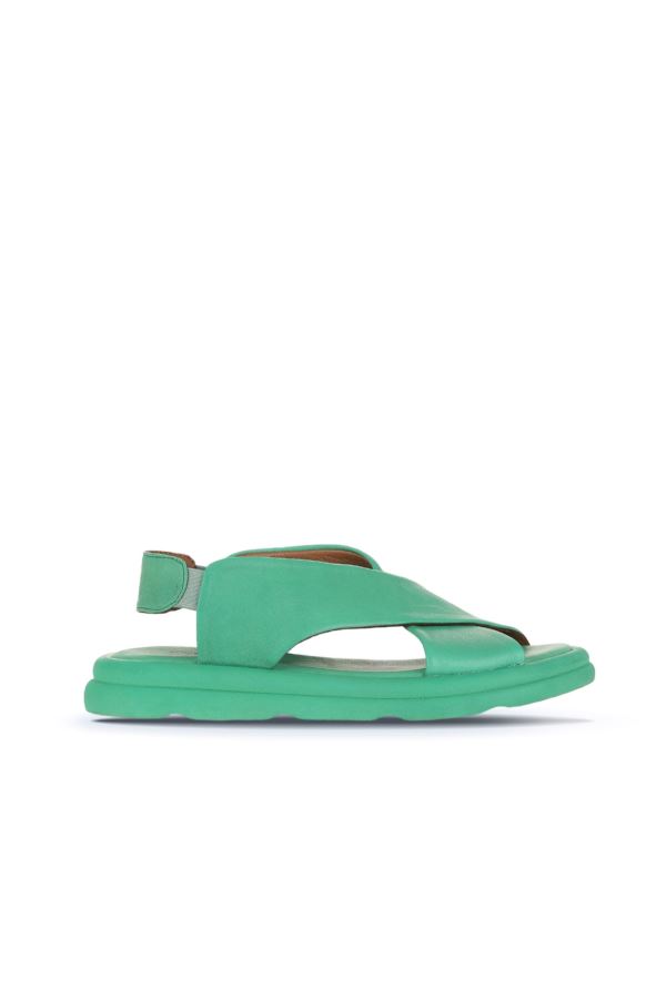 Yeşil Koyu Deri Kadın Düz Sandalet