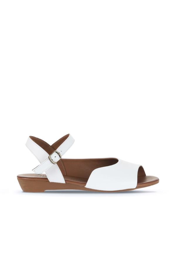 Beyaz Deri Kadın Düz Sandalet