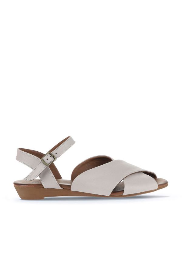 Gri Deri Kadın Düz Sandalet