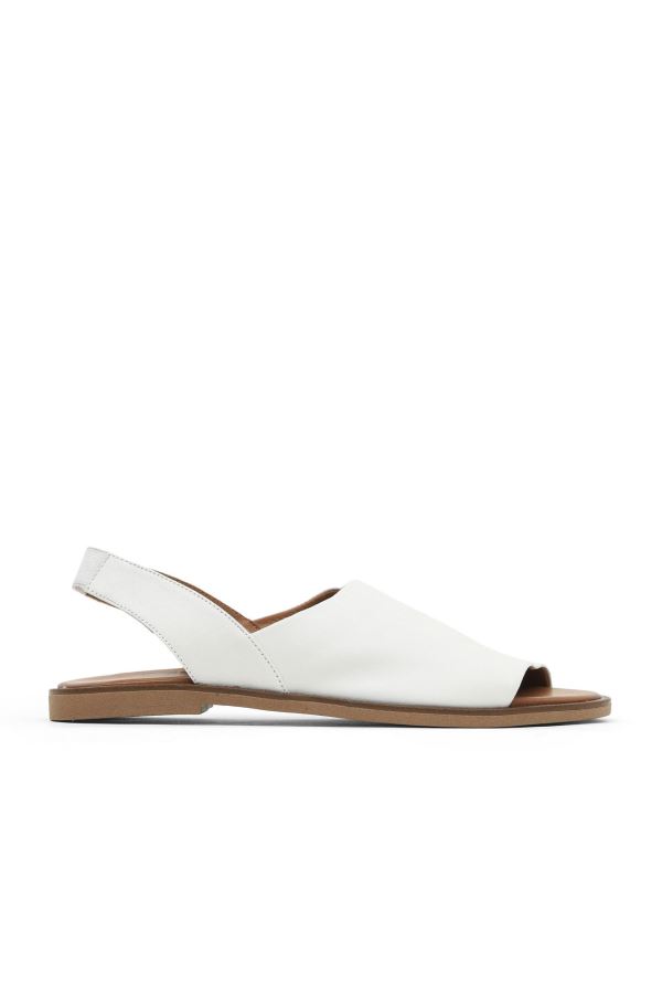 Beyaz Deri Kadın Düz Sandalet