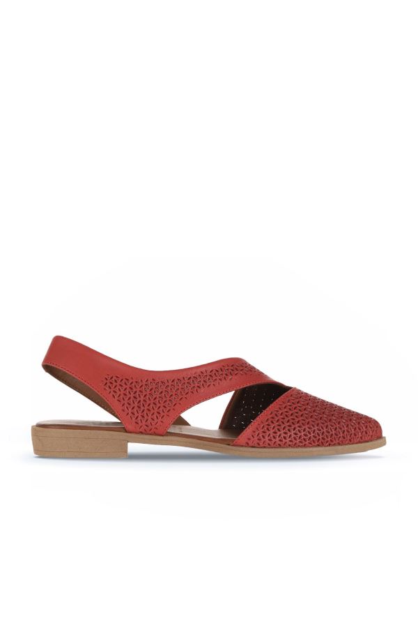 Kırmızı Deri Kadın Düz Sandalet