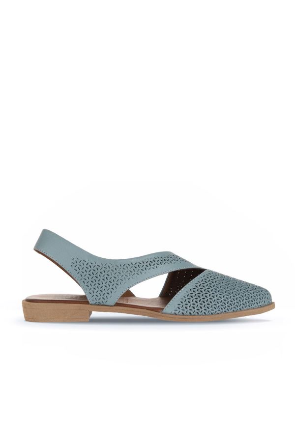 Mavi Deri Kadın Düz Sandalet