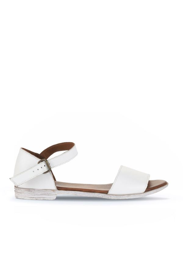 Beyaz Deri Kadın Düz Sandalet