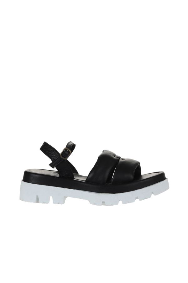 Siyah Deri Kadın Düz Sandalet