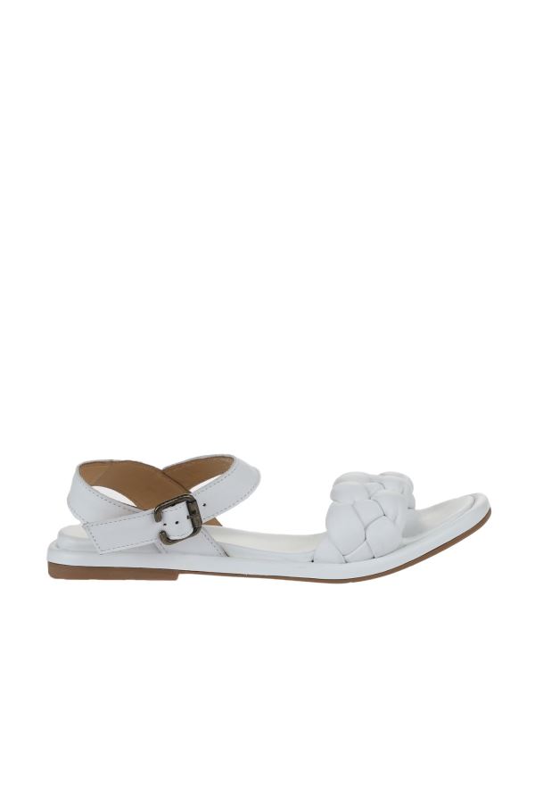 Beyaz Deri Kadın Düz Sandalet