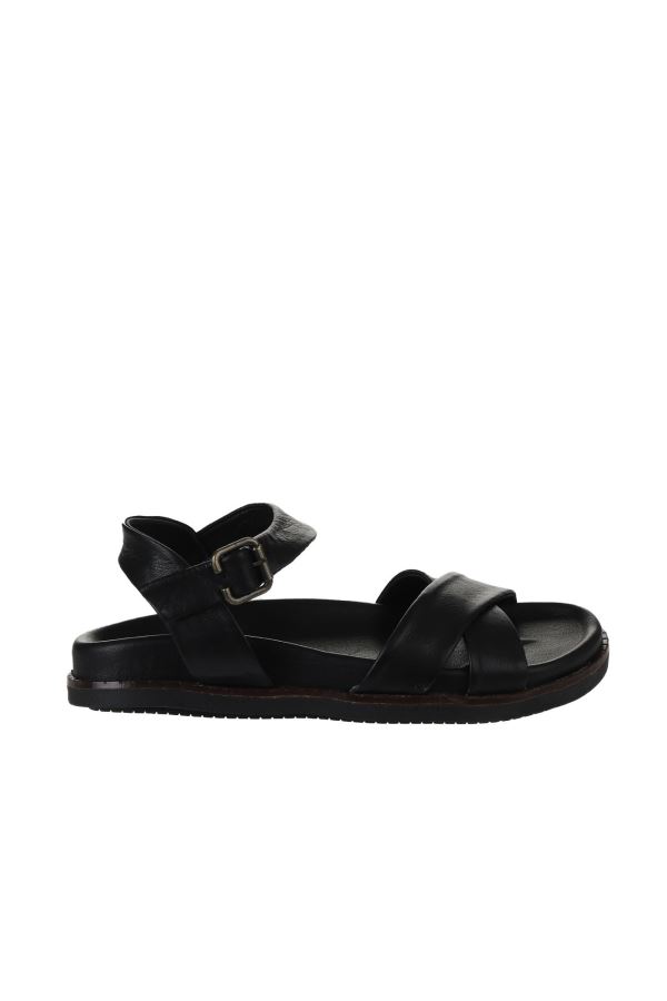 Siyah Deri Kadın Düz Sandalet