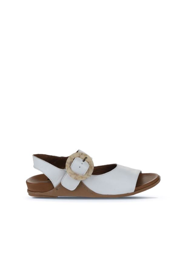 Beyaz Deri Kadın Düz Sandalet