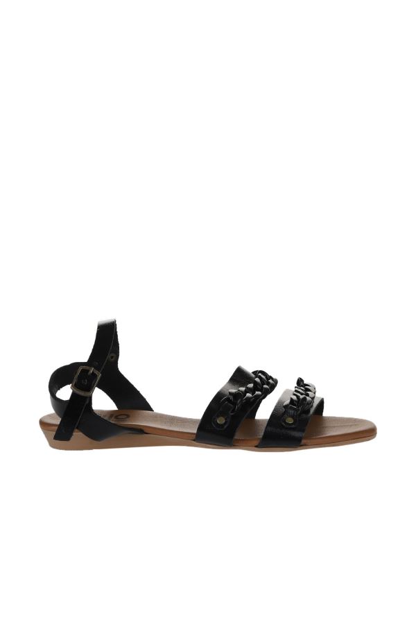 Siyah Parlak Deri Kadın Düz Sandalet