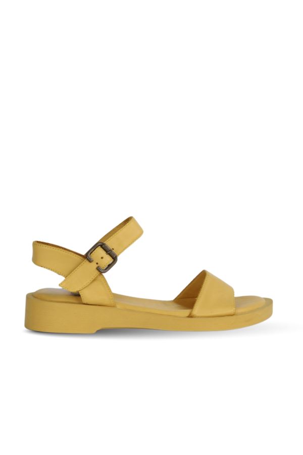 Sarı Deri Kadın Düz Sandalet