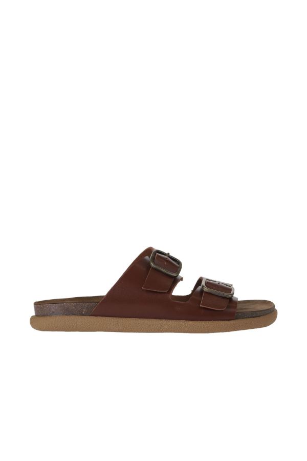 Kahverengi Deri Erkek Düz Terlik 