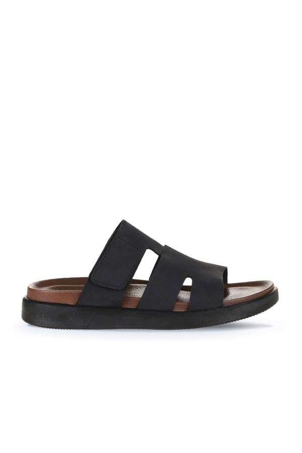 Siyah Nubuk Deri Erkek Düz Terlik