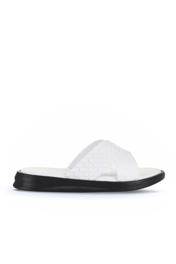 Beyaz Deri/Örgü Erkek Düz Terlik