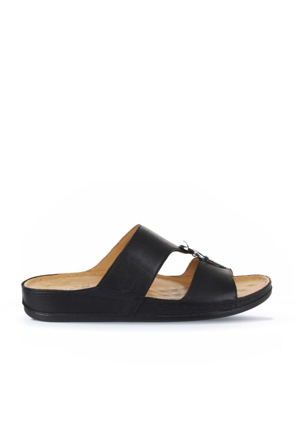 Siyah Deri Erkek Düz Terlik