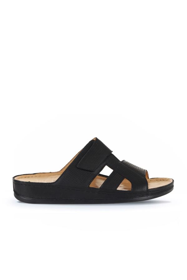 Siyah Baskılı Deri Erkek Düz Terlik