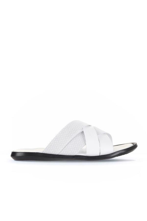 Beyaz Deri Erkek Düz Terlik