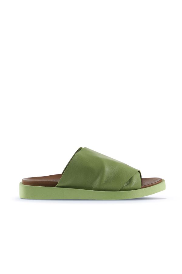 Yeşil Deri Kadın Düz Terlik