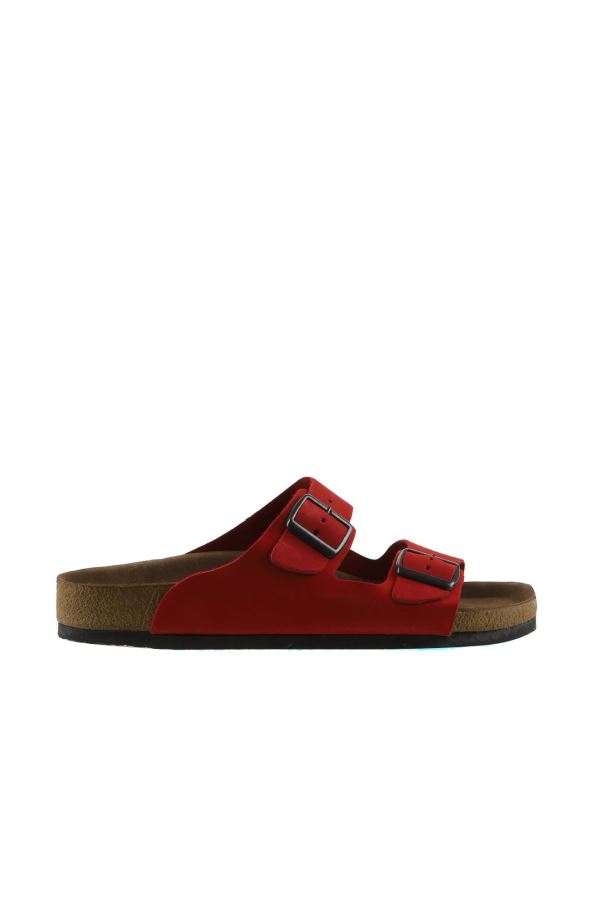 Kırmızı Nubuk Deri Kadın Düz Terlik