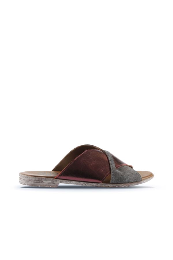Gri Bordo Süet-Deri Kadın Düz Terlik