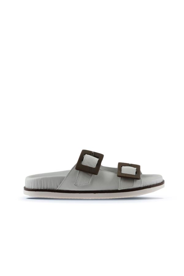 Beyaz Deri Kadın Düz Terlik