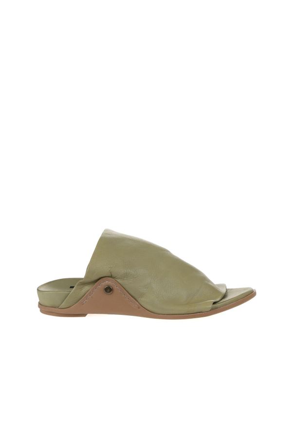 Haki Deri Kadın Düz Terlik