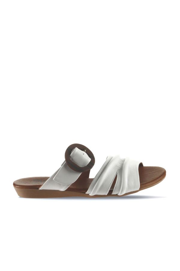 Beyaz Deri Kadın Düz Terlik