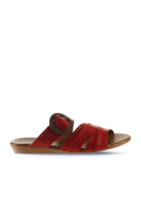 Kırmızı Deri Kadın Düz Terlik