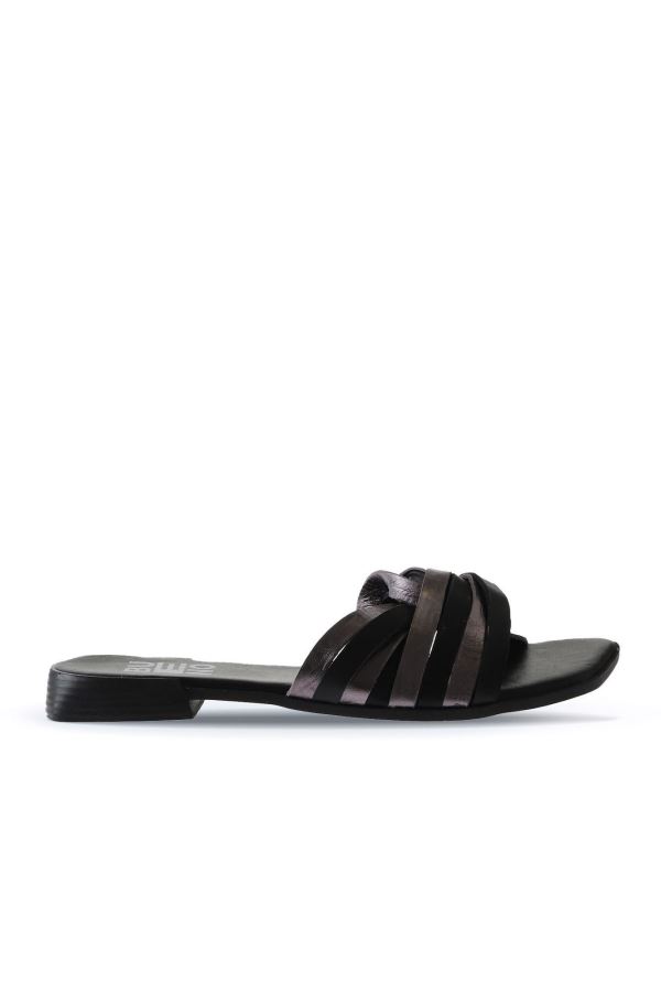 Siyah Multi Deri Kadın Düz Terlik