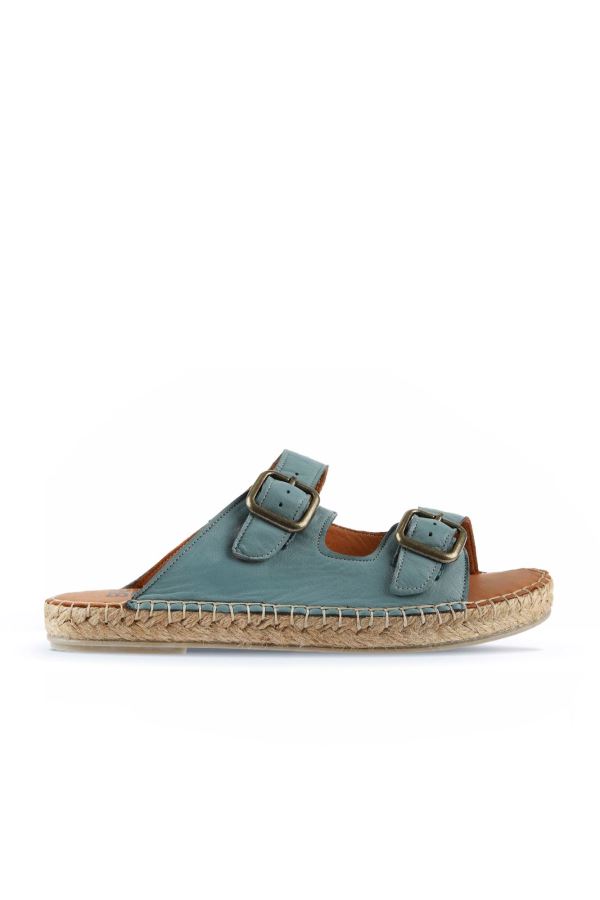 Mavi Deri Kadın Düz Terlik 