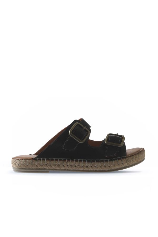 Siyah Deri Kadın Düz Terlik