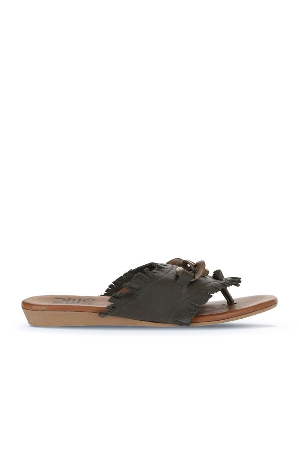 Haki Deri Kadın Düz Terlik