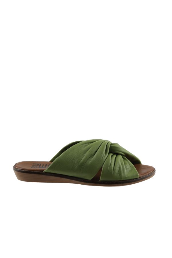 Yeşil Deri Kadın Düz Terlik 