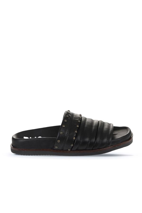 Siyah Deri Kadın Düz Terlik