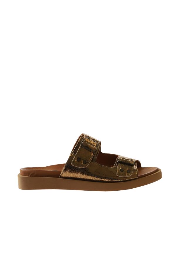 Bronz Parlak Deri Kadın Düz Terlik 