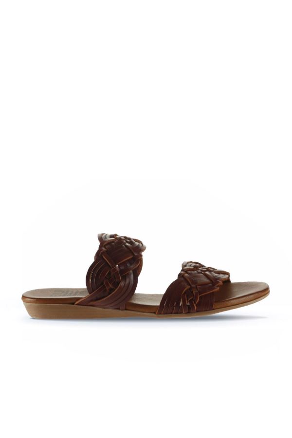 Kahverengi Deri Kadın Düz Terlik