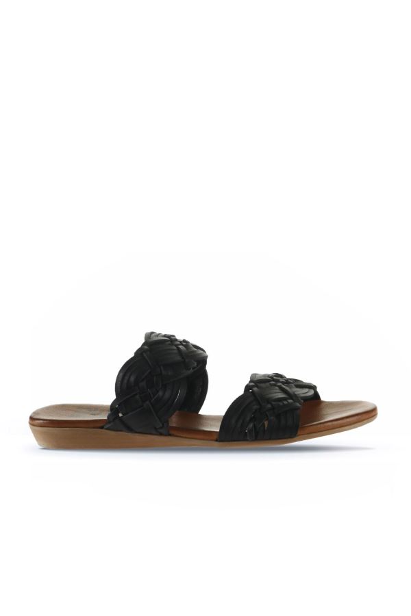 Siyah Deri Kadın Düz Terlik