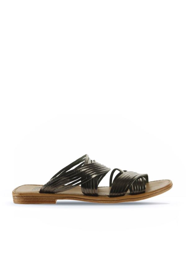 Haki Parlak Deri Kadın Düz Terlik