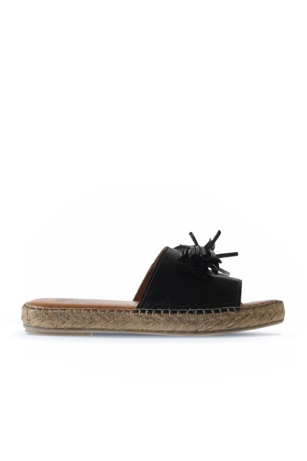 Siyah Parlak Deri Kadın Espadril Terlik