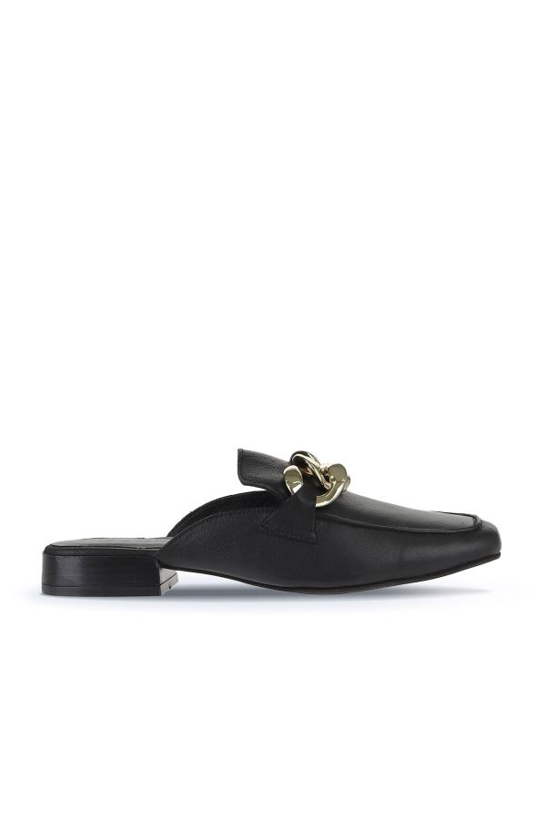 Siyah Deri Kadın Az Topuklu Terlik