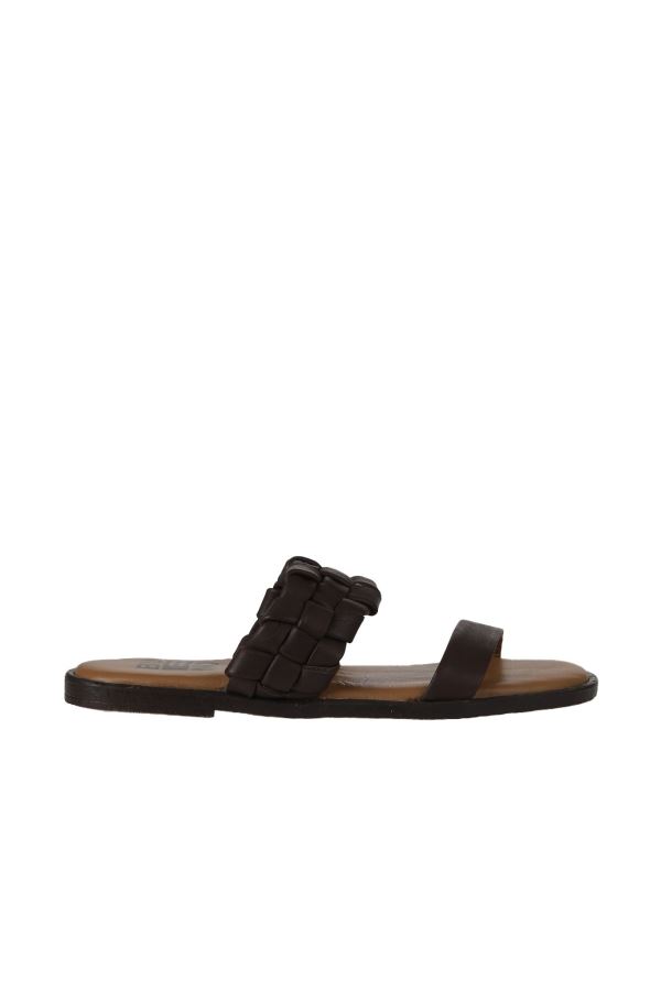 Kahverengi Deri Kadın Düz Terlik