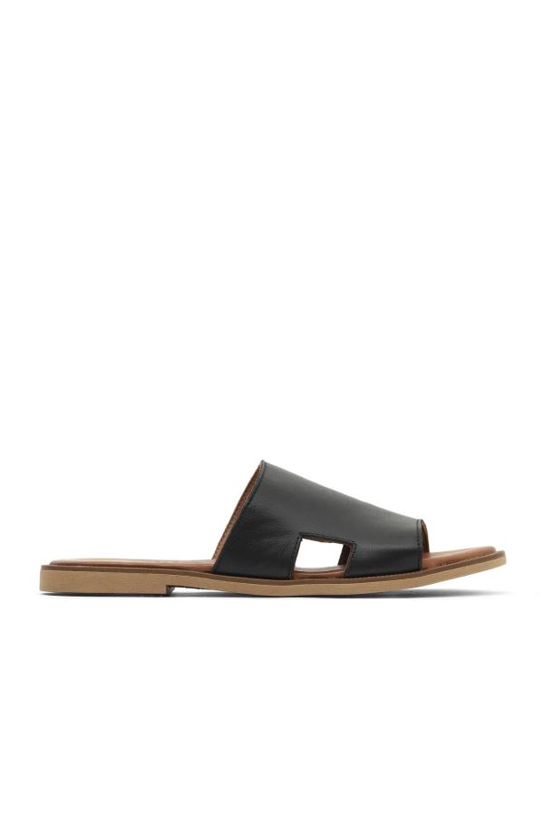 Siyah Khv-Bej Deri Kadın Düz Terlik