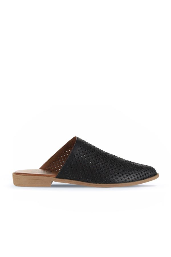 Siyah Deri Kadın Düz Terlik