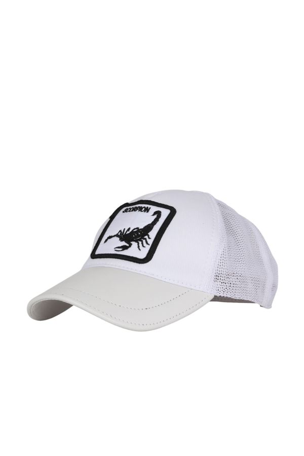 Beyaz Deri-Kumaş-Scorpion Erkek Şapka