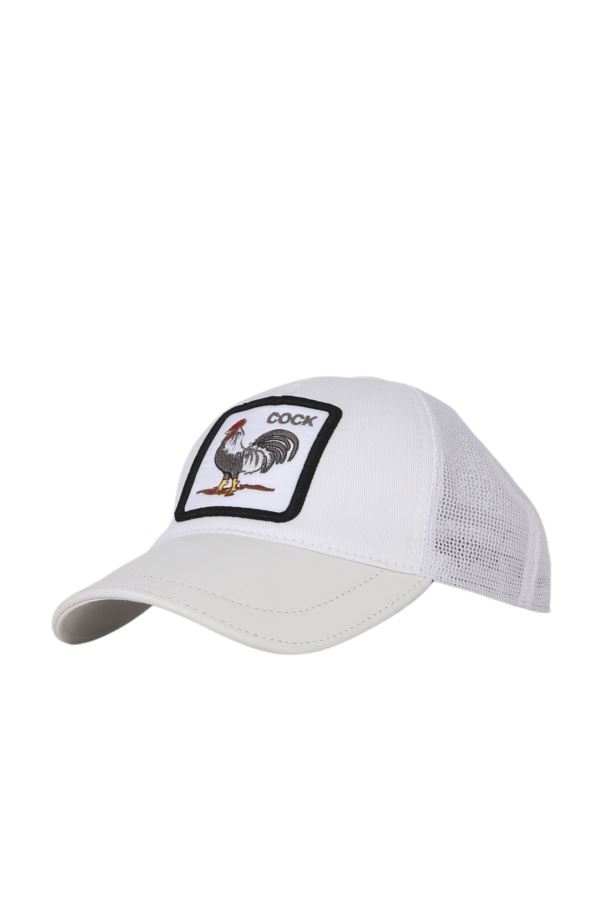Beyaz Deri-Kumaş-Cock-2 Erkek Şapka