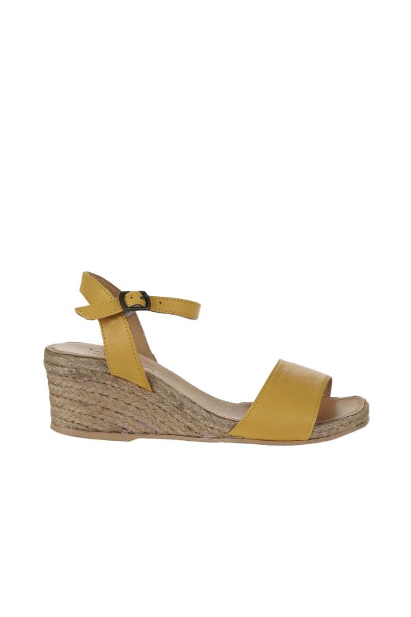 Sarı Deri Kadın Dolgu Topuklu Sandalet