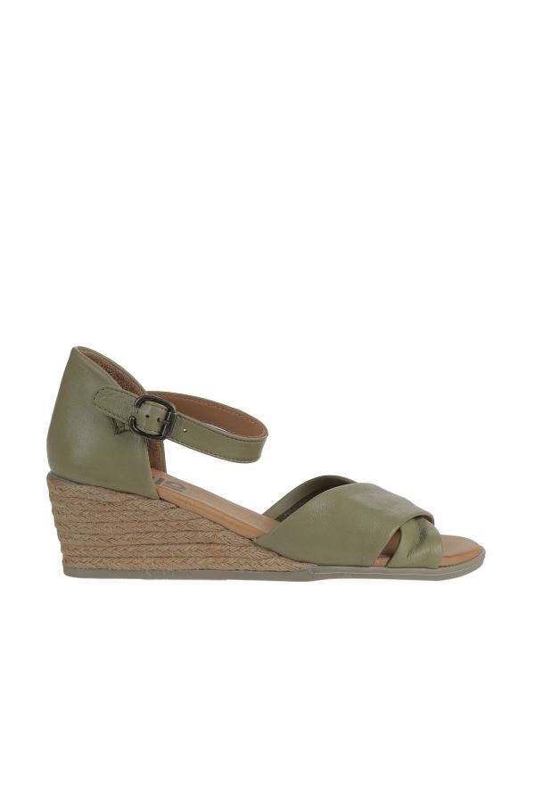 Haki Deri Kadın Dolgu Topuklu Sandalet